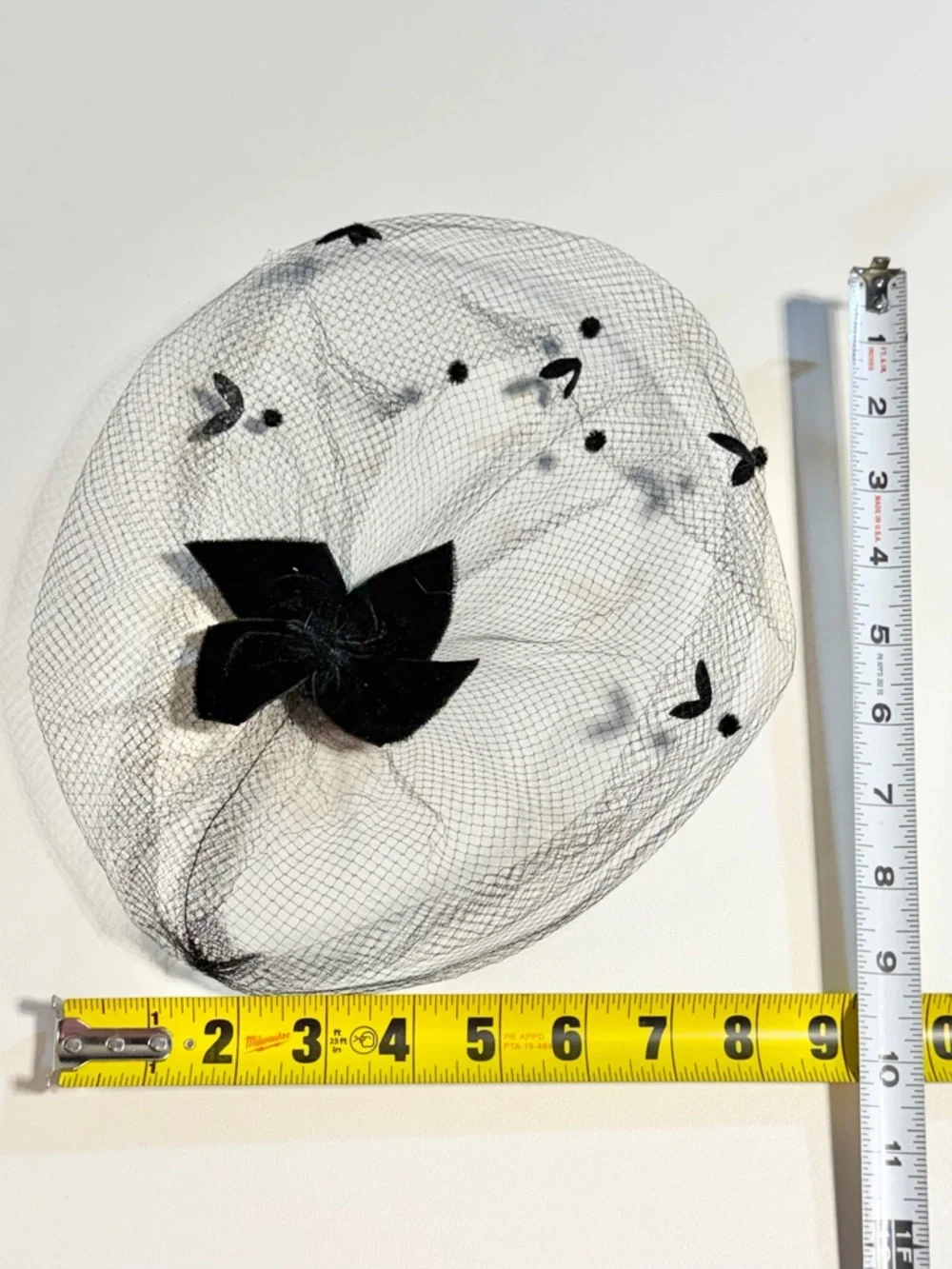 VINTAGE MCM mid century mesh net veil black velvet bow floral face hair cover - Picture 7 of 7